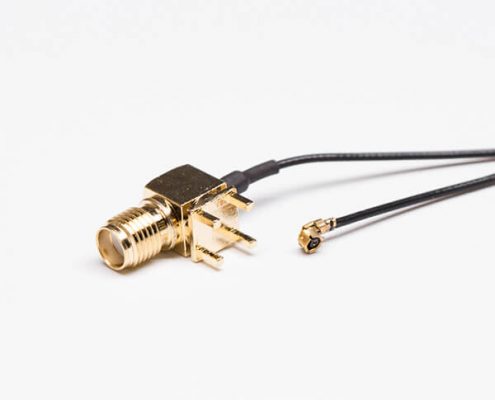 SMA線焊接黑色RF 1.1同軸線接IPEX一代接頭（彎頭SMA穿孔接PCB）